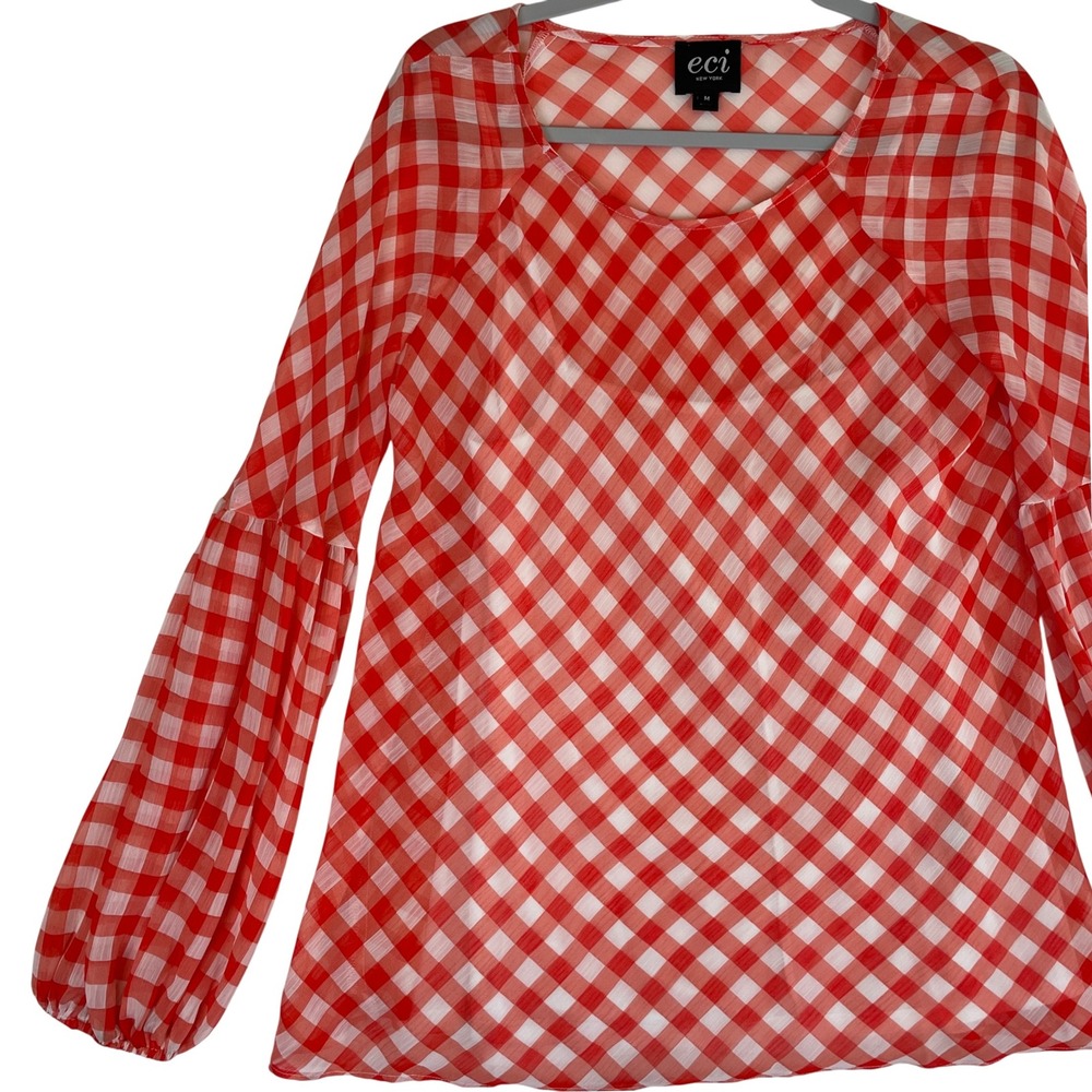 ECI New York Red Gingham Sheer Blouse Top Long Bishop Sleeve M